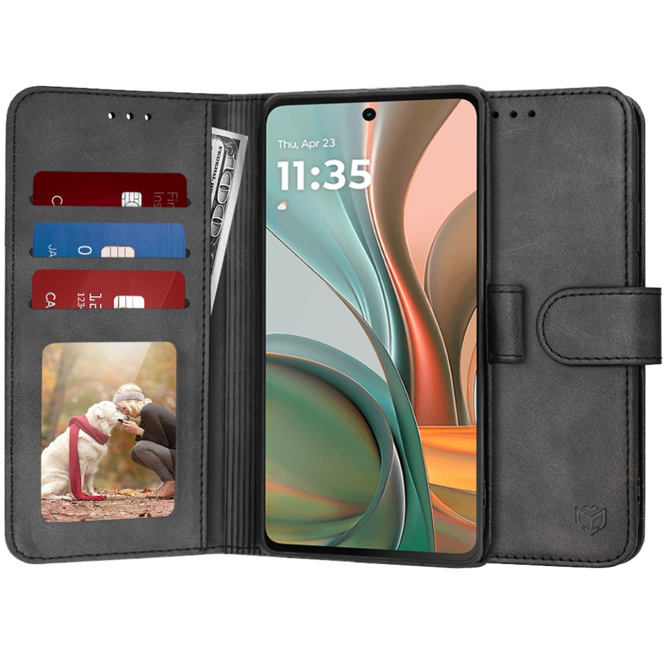 Husa pentru Motorola Moto G75, SKYDDAR INNOVATION, Diary Book, tip carte, cu Portofel Interior, Antisoc, Negru, set cu sticker
