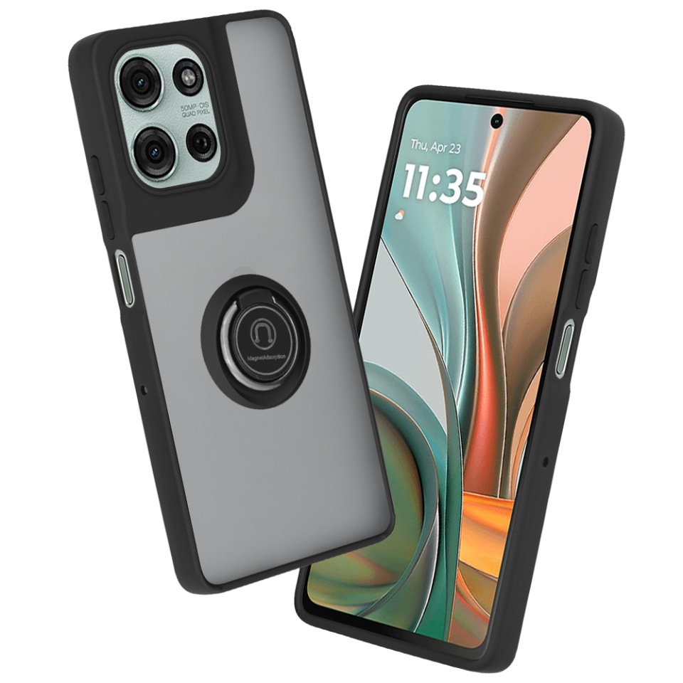 Husa pentru Motorola Moto G75, SKYDDAR INNOVATION, Glinth cu Inel Rotativ 360° Magnetic, Negru, set cu sticker