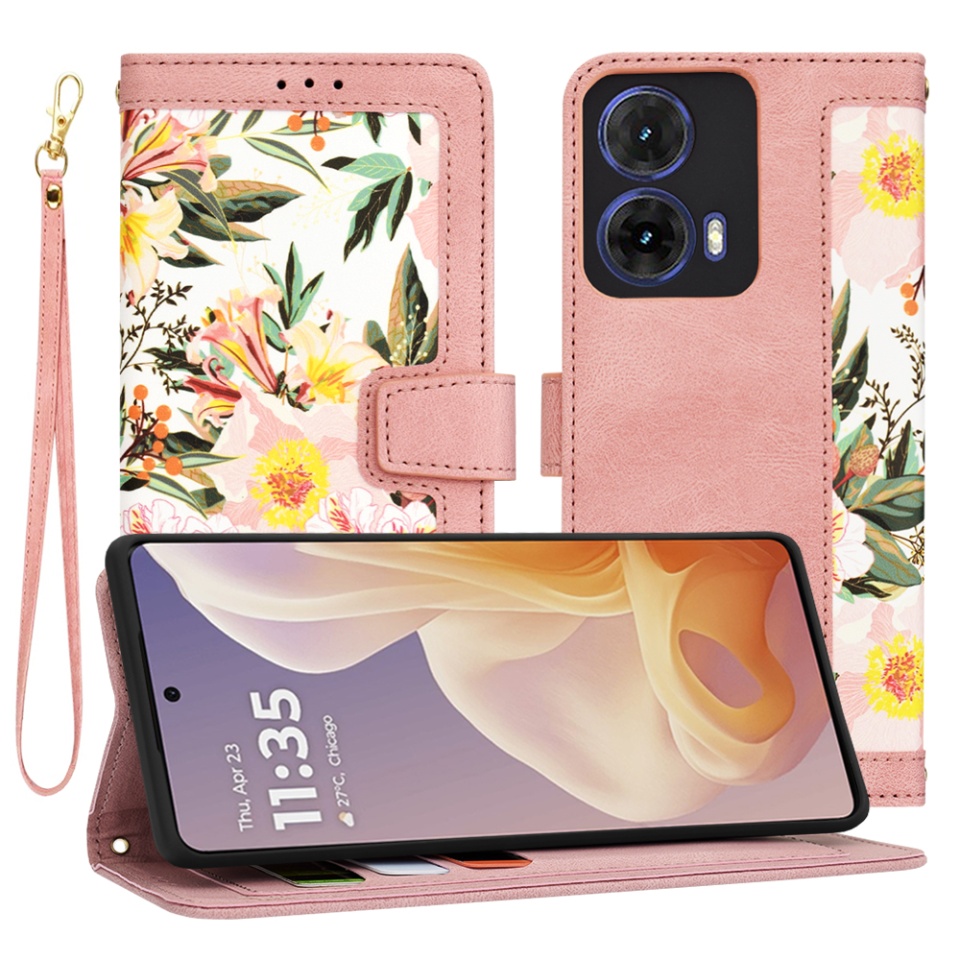 Husa pentru Motorola Moto G85 din Piele Ecologică cu Design Floral, Protecție 360°, Stand Integrat, Buzunare pentru Carduri, SKDR Floral Wallet - Roz