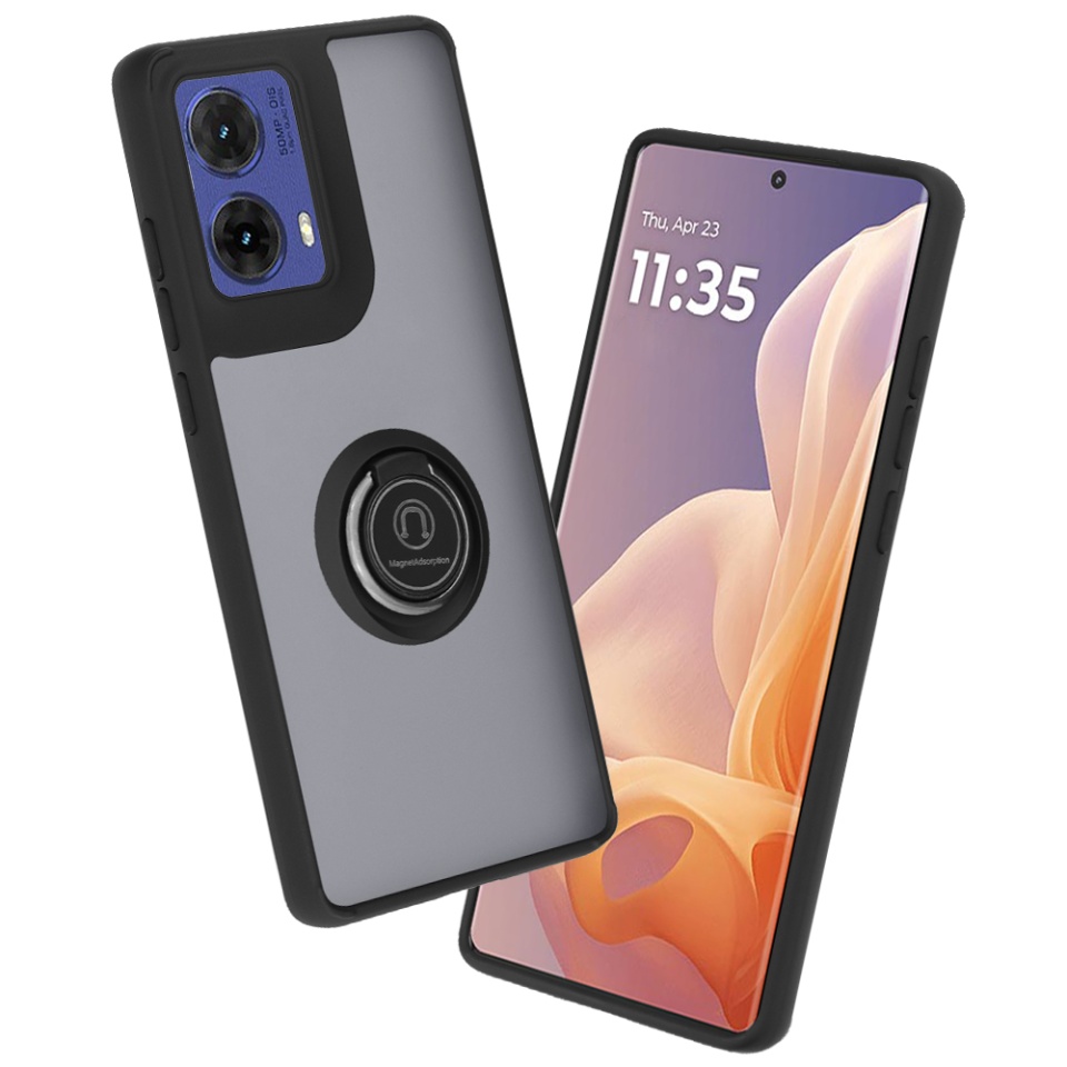 Husa pentru Motorola Moto G85, SKYDDAR INNOVATION, Glinth cu Inel Rotativ 360° Magnetic, Negru, set cu sticker
