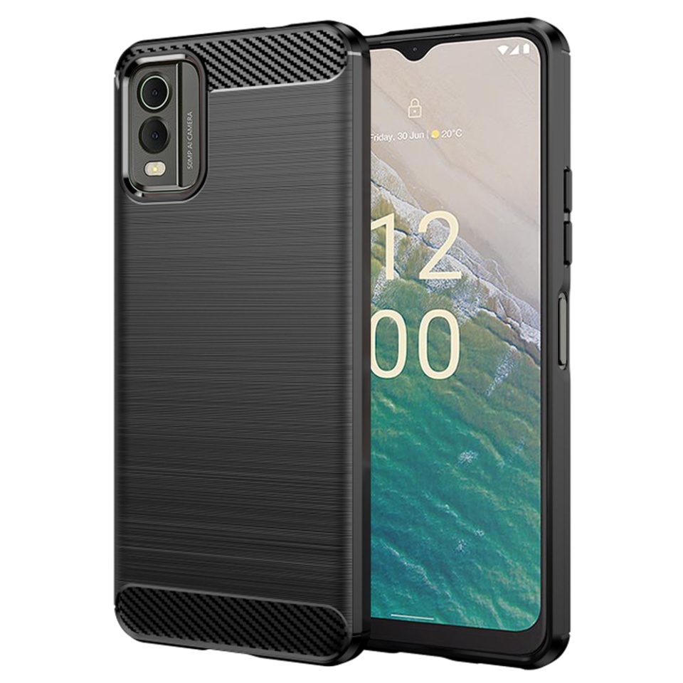 Husa pentru Nokia C32, SKYDDAR INNOVATION, Carbon Silicone, din Silicon Slim, cu textura Fibra Carbon, set cu sticker, Negru