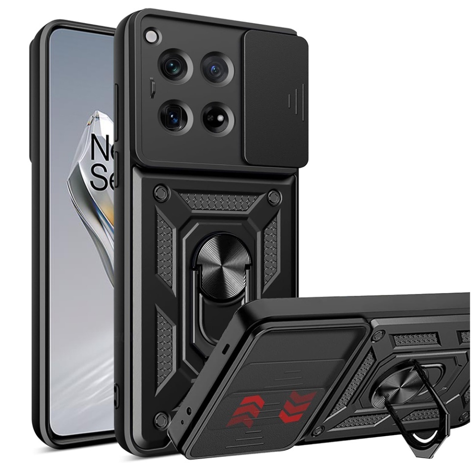 Husa pentru OnePlus 12, SKYDDAR INNOVATION, CamShield, Inel magnetic, set cu sticker, Negru