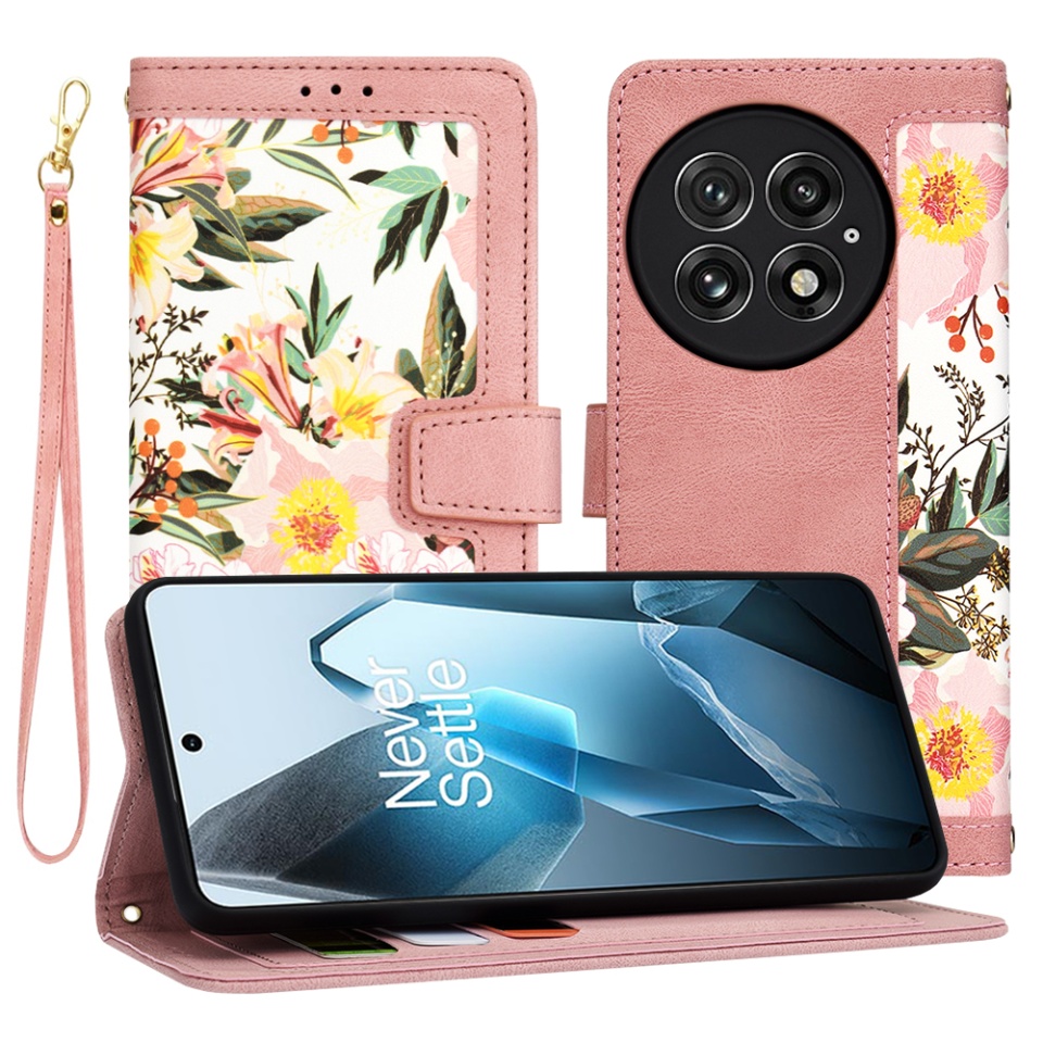 Husa pentru OnePlus 13 din Piele Ecologică cu Design Floral, Protecție 360°, Stand Integrat, Buzunare pentru Carduri, SKDR Floral Wallet - Roz