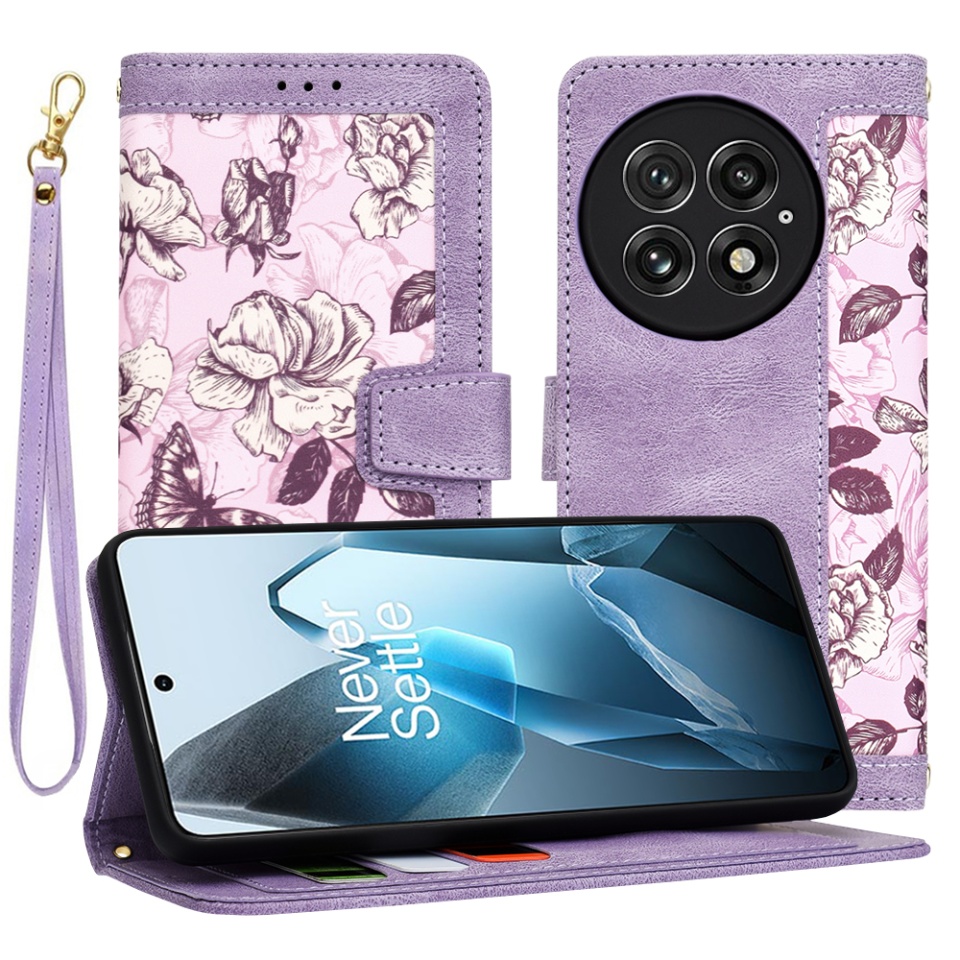 Husa pentru OnePlus 13 din Piele Ecologică cu Design Floral, Protecție 360°, Stand Integrat, Buzunare pentru Carduri, SKDR Floral Wallet - Mov