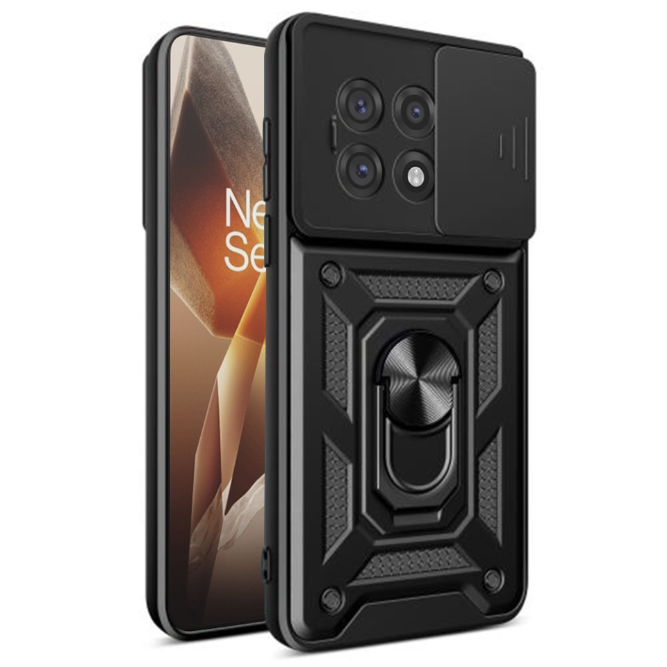 Husa pentru OnePlus 13R cu inel magnetic si protectie camera CamShield cu sticker - Negru