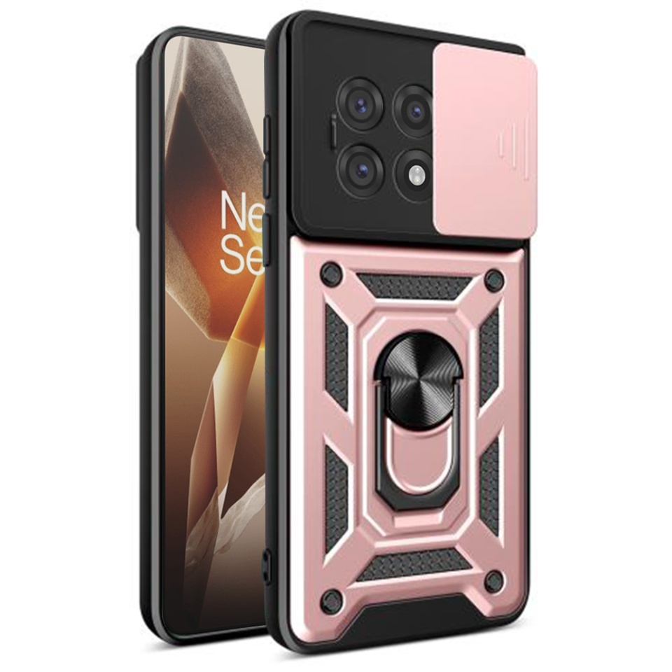 Husa pentru OnePlus 13R cu inel magnetic si protectie camera CamShield cu sticker - Roz