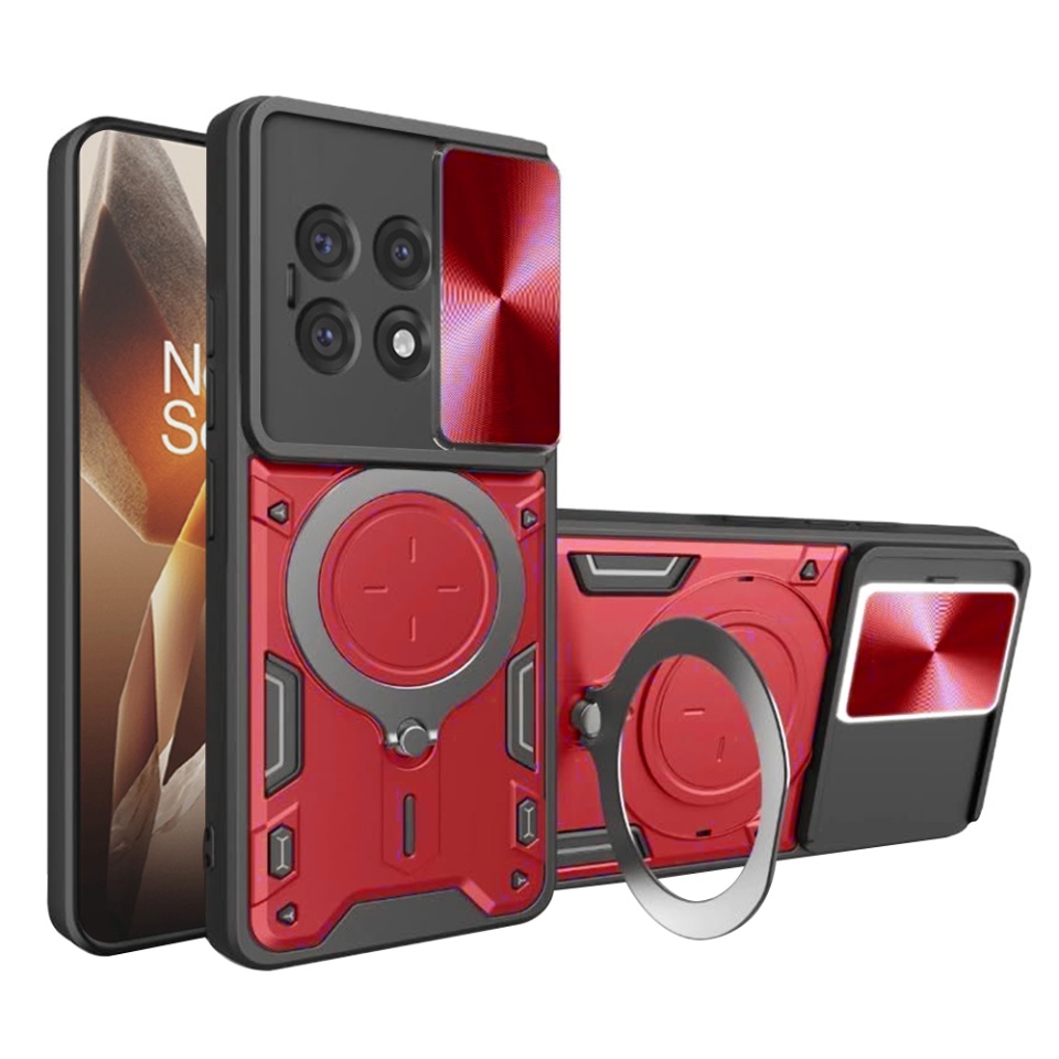 Husa pentru OnePlus 13R, cu inel magnetic si suport ajustabil, protectie completa camera, SafeCover cu sticker - Rosu