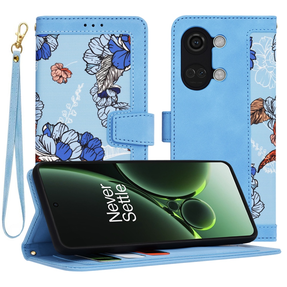 Husa pentru OnePlus Nord 3 din Piele Ecologică cu Design Floral, Protecție 360°, Stand Integrat, Buzunare pentru Carduri, SKDR Floral Wallet - Bleu