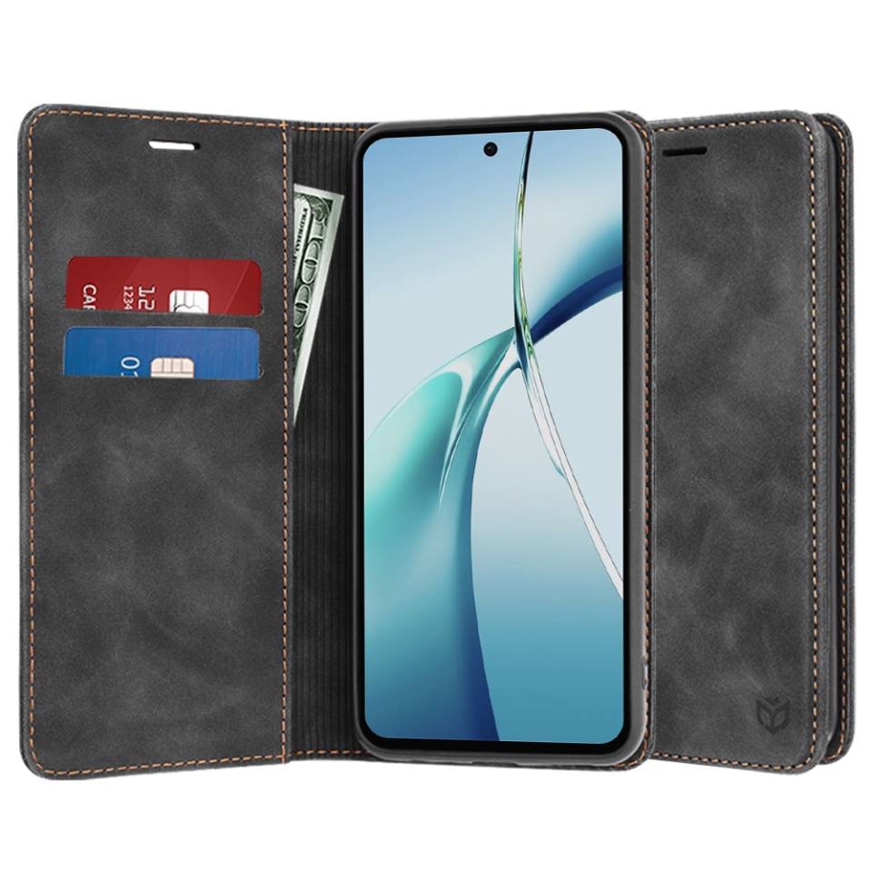 Husa pentru OnePlus Nord CE4 Lite, SKYDDAR INNOVATION, Soft Wallet, tip Carte din piele Eco Premium, cu Portofel Interior, Negru, set cu sticker