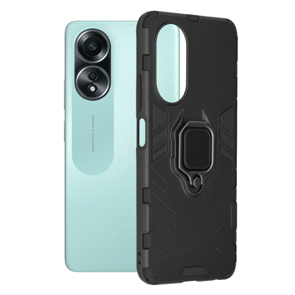 Husa pentru Oppo A58 4G, SKYDDAR INNOVATION, Silicone Shield, cu Inel Magnetic, Antisoc, set cu sticker, Negru