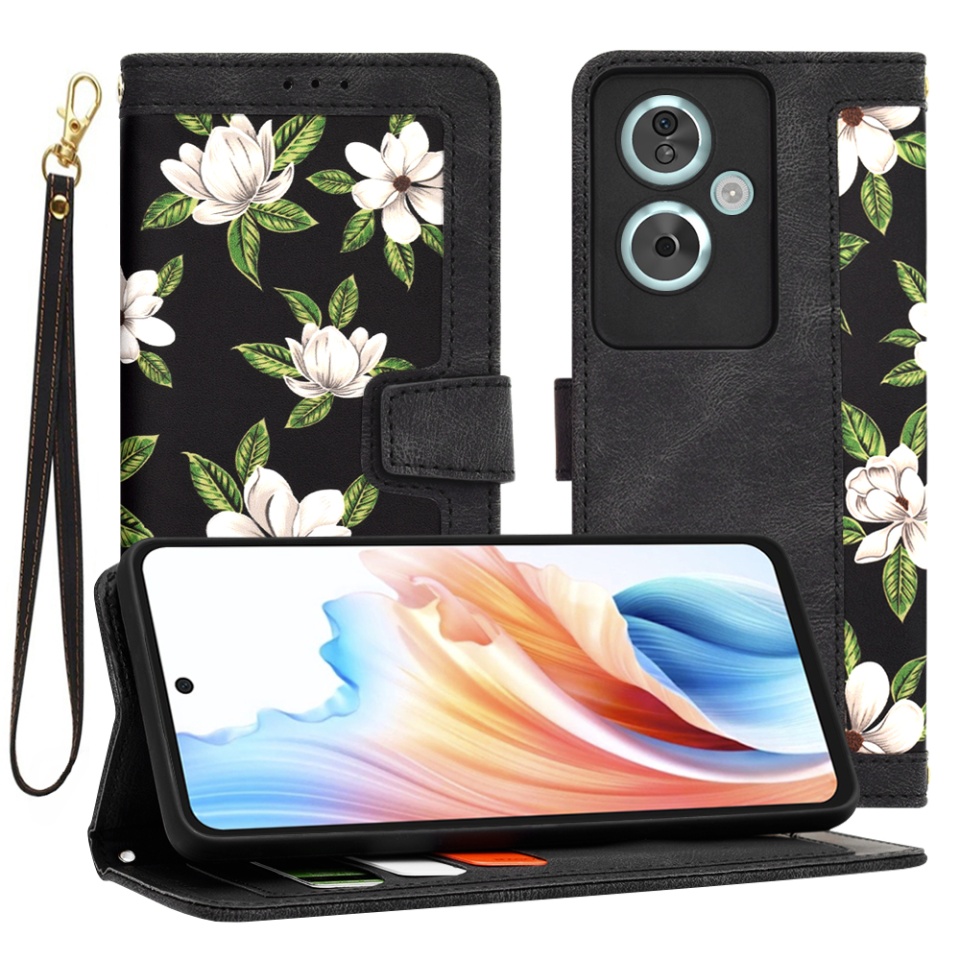 Husa pentru Oppo A79 5G / OnePlus Nord N30 SE din Piele Ecologică cu Design Floral, Protecție 360°, Stand Integrat, Buzunare pentru Carduri, SKDR Floral Wallet - Negru