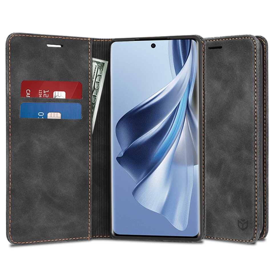 Husa pentru Oppo Reno10 / Reno10 Pro, SKYDDAR INNOVATION, Soft Wallet, tip Carte din piele Eco Premium, cu Portofel Interior, Negru, set cu sticker