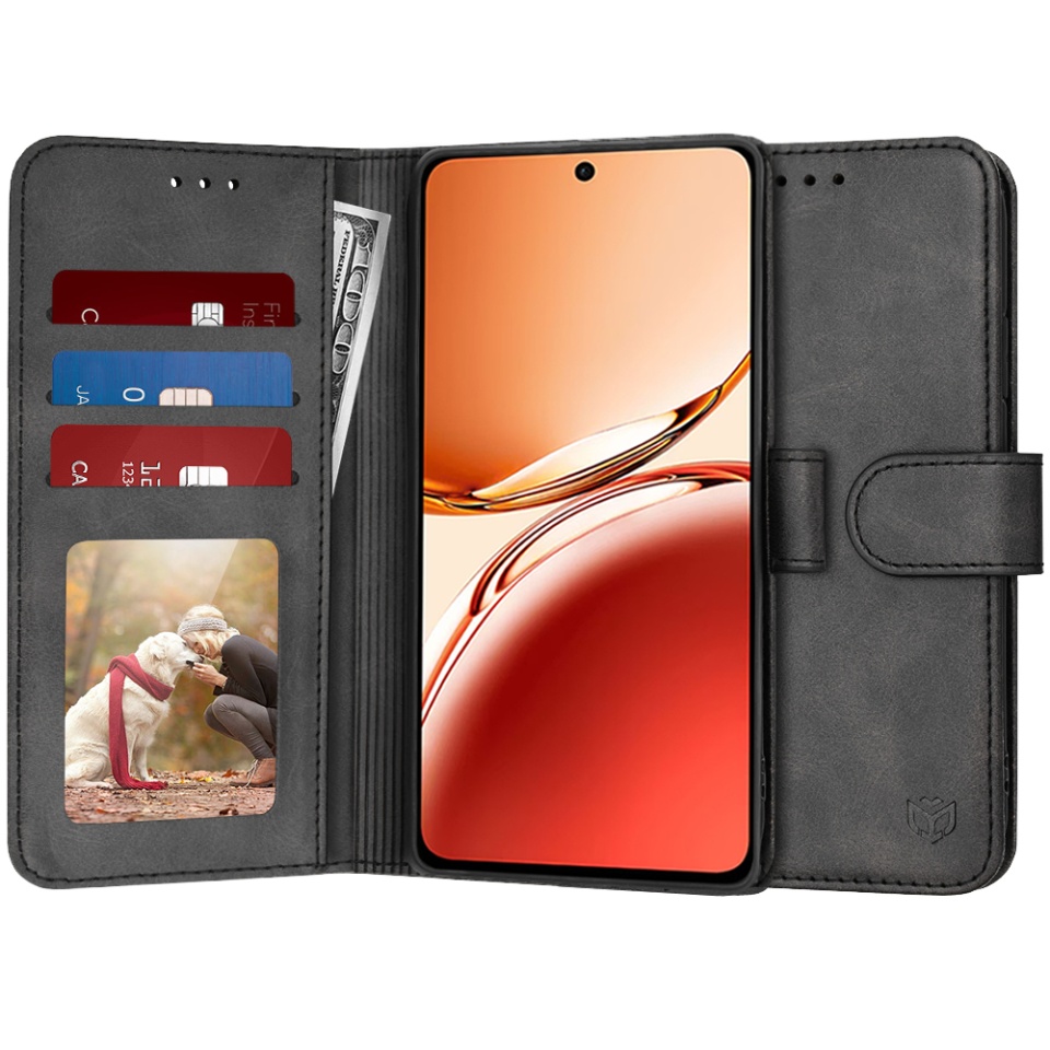Husa pentru Oppo Reno12 F 5G / Reno12 FS 5G / Reno12 F 4G / Reno12 FS 4G, SKYDDAR INNOVATION, Diary Book, tip carte, cu Portofel Interior, Antisoc, Negru, set cu sticker