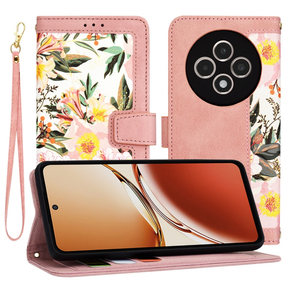 Husa pentru Oppo Reno12 F 5G / Reno12 FS / Reno12 F 4G din Piele Ecologică cu Design Floral, Protecție 360°, Stand Integrat, Buzunare pentru Carduri, SKDR Floral Wallet - Roz