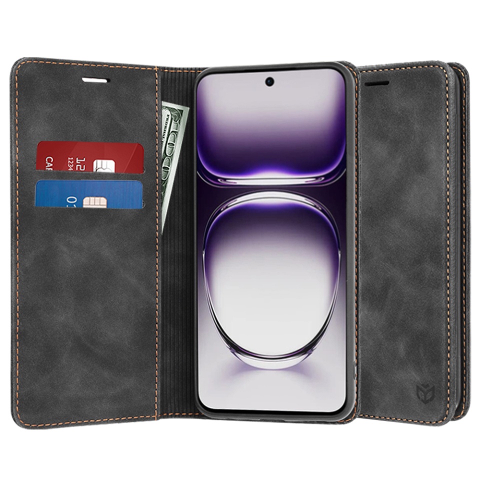 Husa pentru Oppo Reno12, SKYDDAR INNOVATION, Soft Wallet, tip Carte din piele Eco Premium, cu Portofel Interior, Negru, set cu sticker