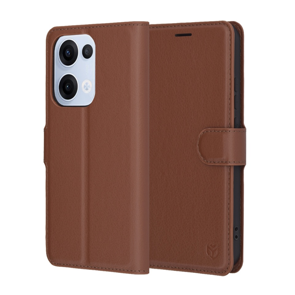 Husa pentru Oppo Reno13, SKYDDAR INNOVATION, Leather Wallet, tip Carte cu Portofel Interior, Finisaje Premium, set cu sticker, Maro