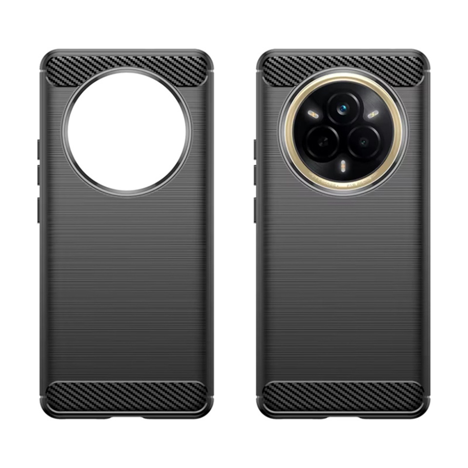 Husa pentru Realme 14 Pro, SKYDDAR INNOVATION, Carbon Silicone, din Silicon Premium, Slim, cu textura Fibra Carbon, Negru, set cu sticker - 3 | YEO