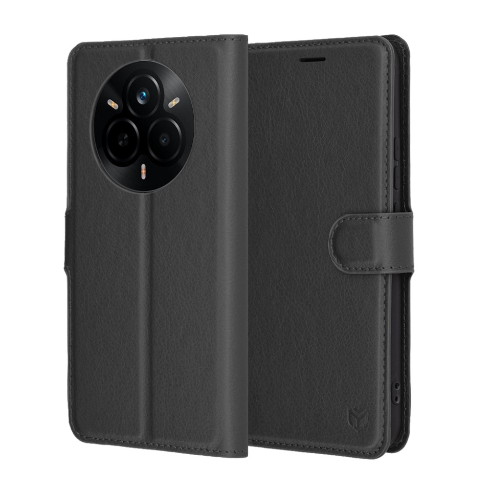 Husa pentru Realme 14 Pro, SKYDDAR INNOVATION, Leather Wallet, tip Carte cu Portofel Interior, Finisaje Premium, set cu sticker, Negru