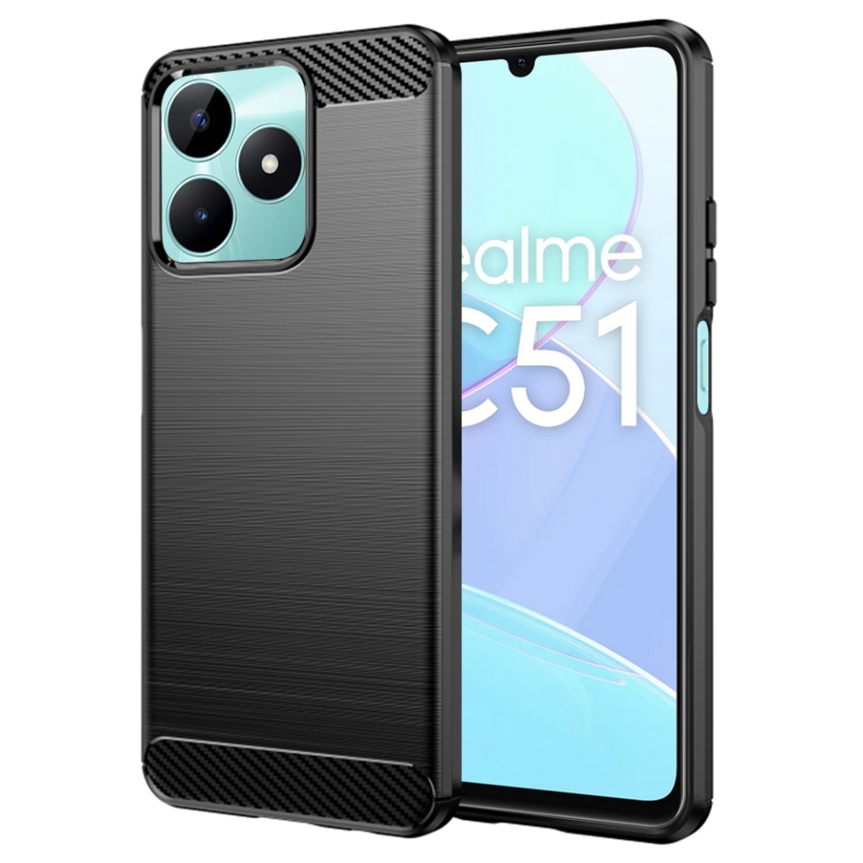 Husa pentru Realme C51 / Note 50, SKYDDAR INNOVATION, Carbon Silicone, din Silicon Slim, cu textura Fibra Carbon, set cu sticker, Negru