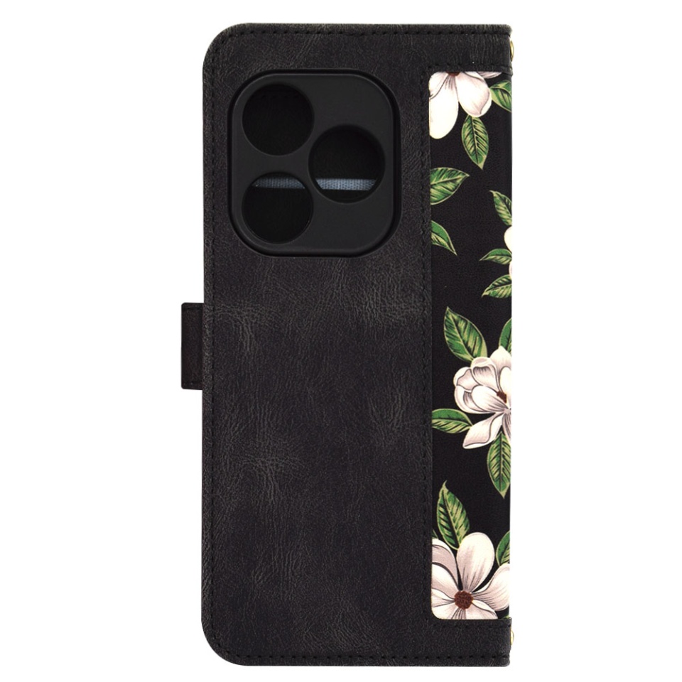 Husa pentru Realme GT 6 / GT 6T din Piele Ecologică cu Design Floral, Protecție 360°, Stand Integrat, Buzunare pentru Carduri, SKDR Floral Wallet - Negru - 3 | YEO