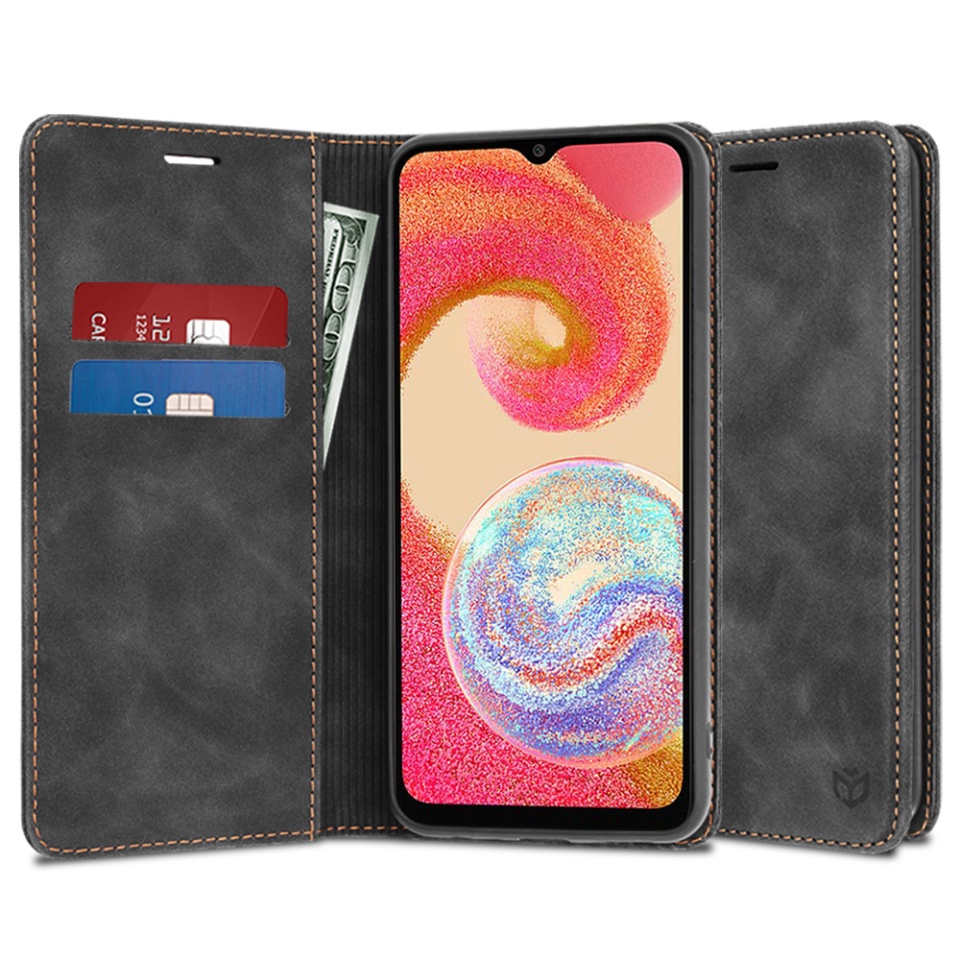 Husa pentru Samsung Galaxy A04e / Galaxy M04, SKYDDAR INNOVATION, Soft Wallet, tip Carte din piele Eco Premium, cu Portofel Interior, Negru, set cu sticker