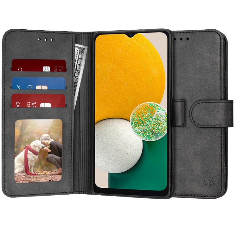 Husa pentru Samsung Galaxy A13 5G / Galaxy A04S, SKYDDAR INNOVATION, Diary Book, tip carte, cu Portofel Interior, Antisoc, Negru, set cu sticker