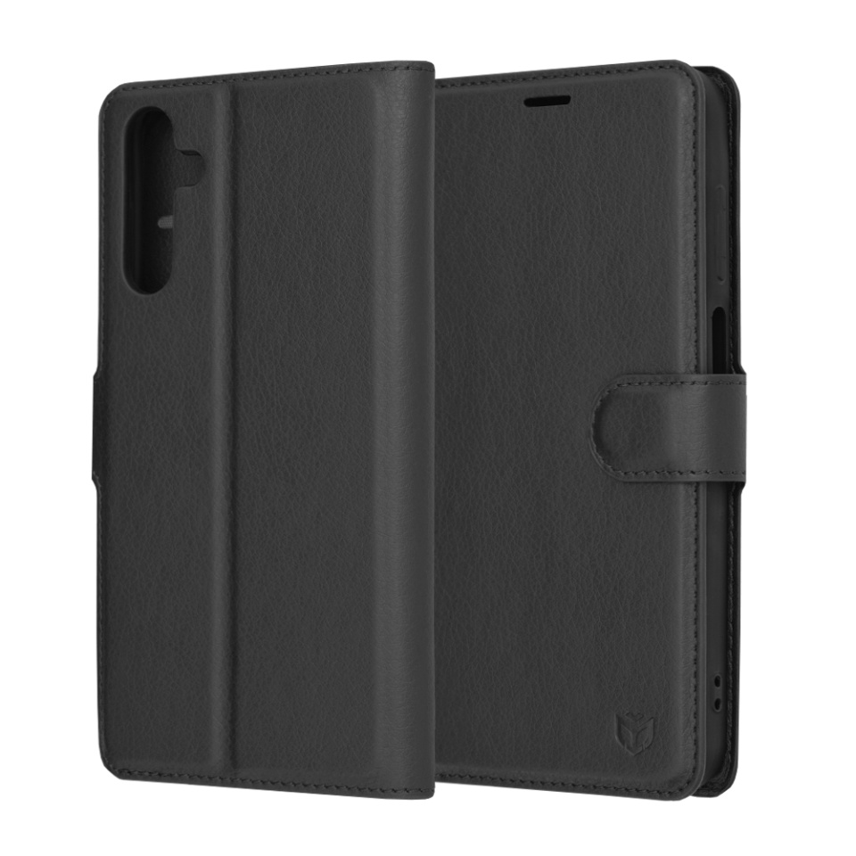 Husa pentru Samsung Galaxy A15 4G / Galaxy A15 5G, SKYDDAR INNOVATION, Leather Wallet, tip Carte, cu Portofel Interior, Finisaje Premium, Negru, set cu sticker
