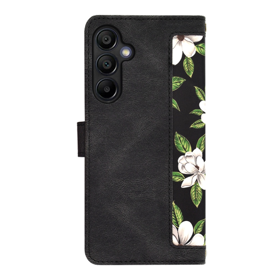 Husa pentru Samsung Galaxy A15 4G / Galaxy A15 5G, SKYDDAR INNOVATION, Floral Wallet, din Piele Ecologică cu Design Floral, Protecție 360°, Stand Integrat, Buzunare pentru Carduri, Negru, set cu sticker - 1 | YEO