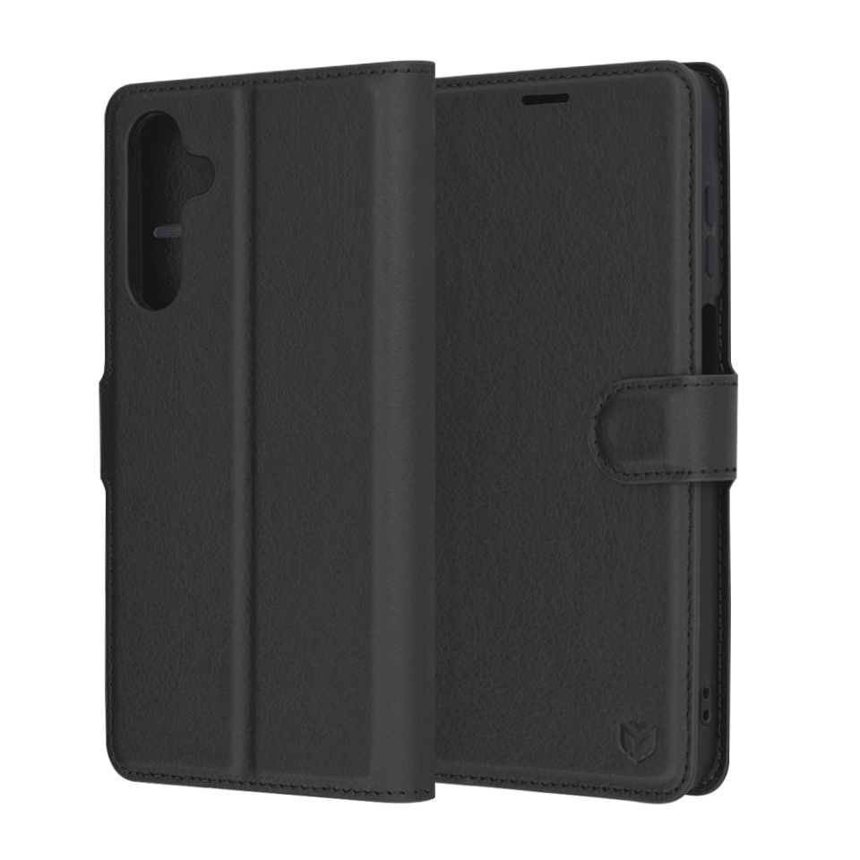 Husa pentru Samsung Galaxy A16 4G / Galaxy A16 5G, SKYDDAR INNOVATION, Leather Wallet, tip Carte, cu Portofel Interior, Finisaje Premium, Negru, set cu sticker