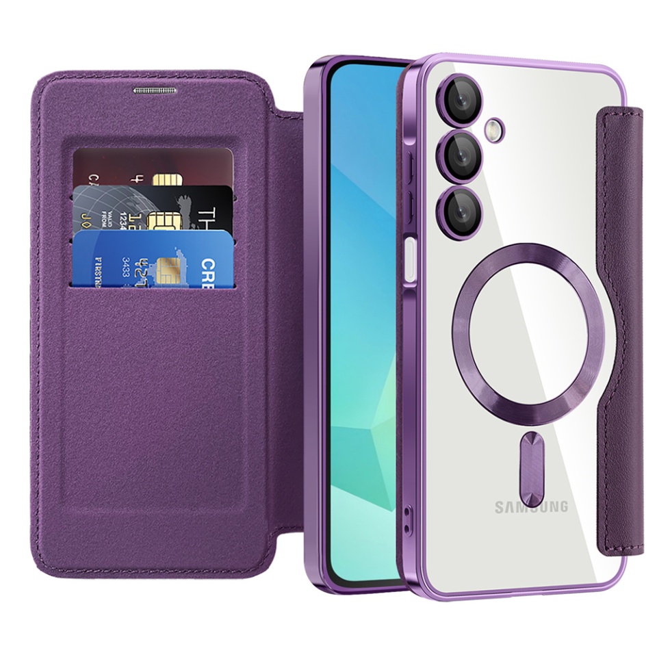 Husa pentru Samsung Galaxy A16 4G / Galaxy A16 5G tip carte, SKYDDAR INOVATION, SmartMag Book, Magsafe, RFiD, Suport Carduri, set cu sticker, Mov