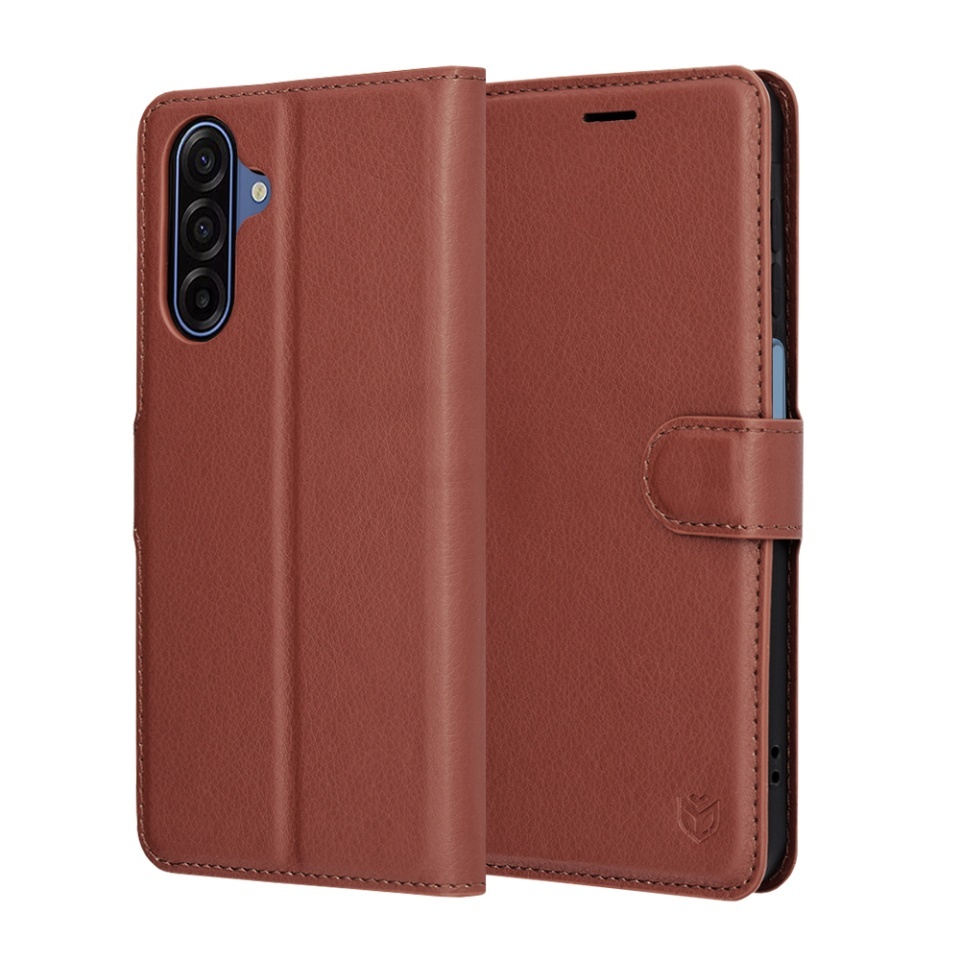 Husa pentru Samsung Galaxy A17 5G, SKYDDAR INNOVATION, Leather Folio tip Carte, cu Portofel Interior, Finisaje Premium, set cu sticker, Maro