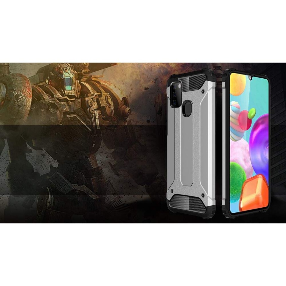 Husa pentru Samsung Galaxy A21s, SKYDDAR INNOVATION, Hybrid Armor, din Plastic Dur, Margini Cauciucate, Antisoc, set cu sticker, Negru - 3 | YEO
