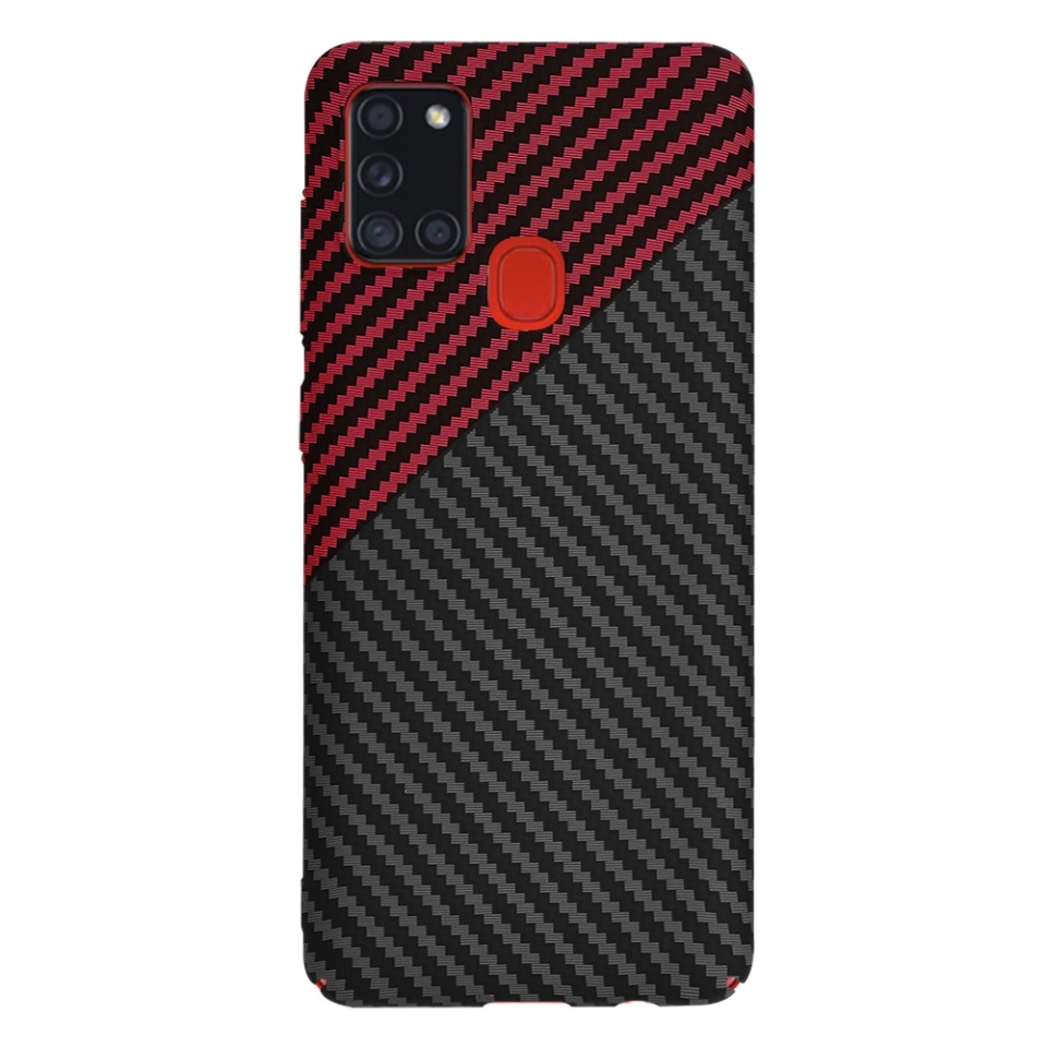 Husa pentru Samsung Galaxy A21s, SKYDDAR INNOVATION, textura carbon, Carbonite FiberShell, set cu sticker, Rosu inchis, - 2 | YEO