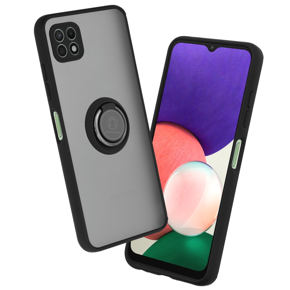 Husa pentru Samsung Galaxy A22 5G, SKYDDAR INNOVATION, Glinth cu Inel Rotativ 360° Magnetic, Negru, set cu sticker