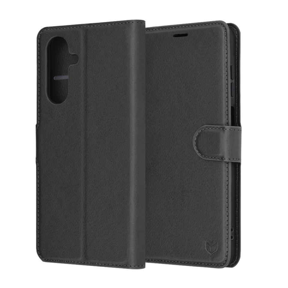 Husa pentru Samsung Galaxy A26 5G, SKYDDAR INNOVATION, Leather Wallet, tip Carte, cu Portofel Interior, Finisaje Premium, Negru, set cu sticker