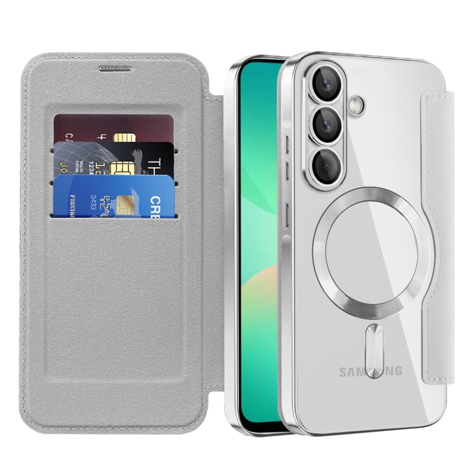 Husa pentru Samsung Galaxy A26 5G tip carte, SKYDDAR INOVATION, SmartMag Book, Magsafe, RFiD, Suport Carduri, set cu sticker, Gri