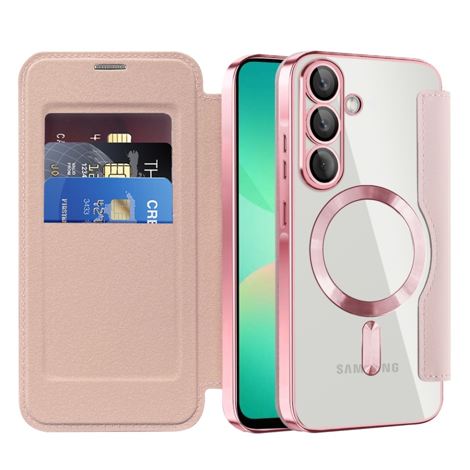 Husa pentru Samsung Galaxy A26 5G tip carte, SKYDDAR INOVATION, SmartMag Book, Magsafe, RFiD, Suport Carduri, set cu sticker, Roz