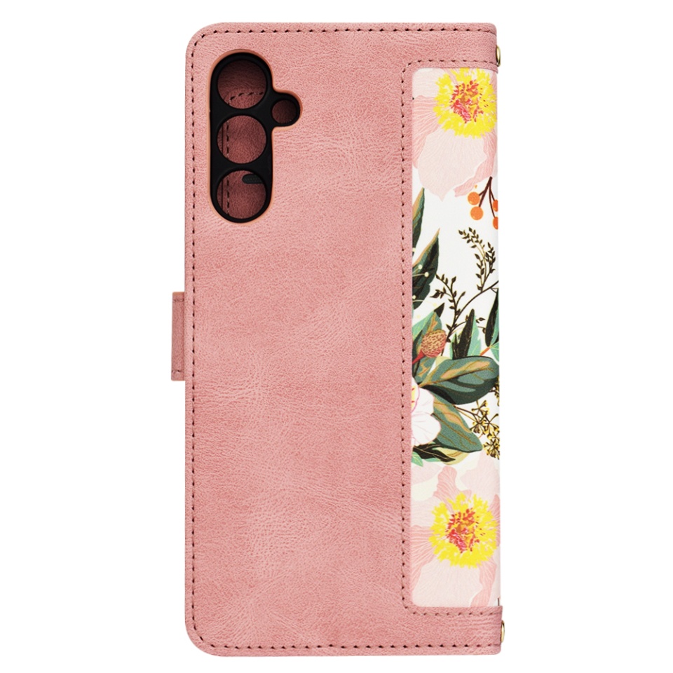 Husa pentru Samsung Galaxy A34 5G din Piele Ecologică cu Design Floral, Protecție 360°, Stand Integrat, Buzunare pentru Carduri, SKDR Floral Wallet - Roz - 3 | YEO