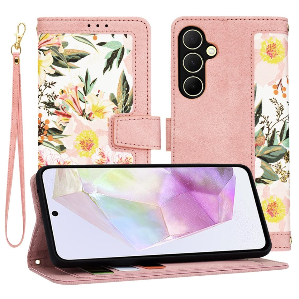 Husa pentru Samsung Galaxy A35 5G, SKYDDAR INNOVATION, Flipcraft din Piele Ecologică, Stand Integrat, Buzunare pentru Carduri, set cu sticker, Roz