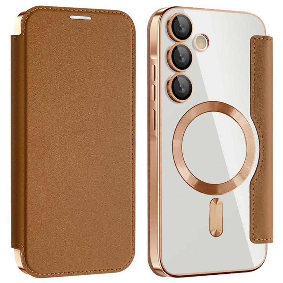Husa pentru Samsung Galaxy A35 5G tip carte, SKYDDAR INOVATION, SmartMag Book, Magsafe, RFiD, Suport Carduri, set cu sticker, Maro - 1 | YEO