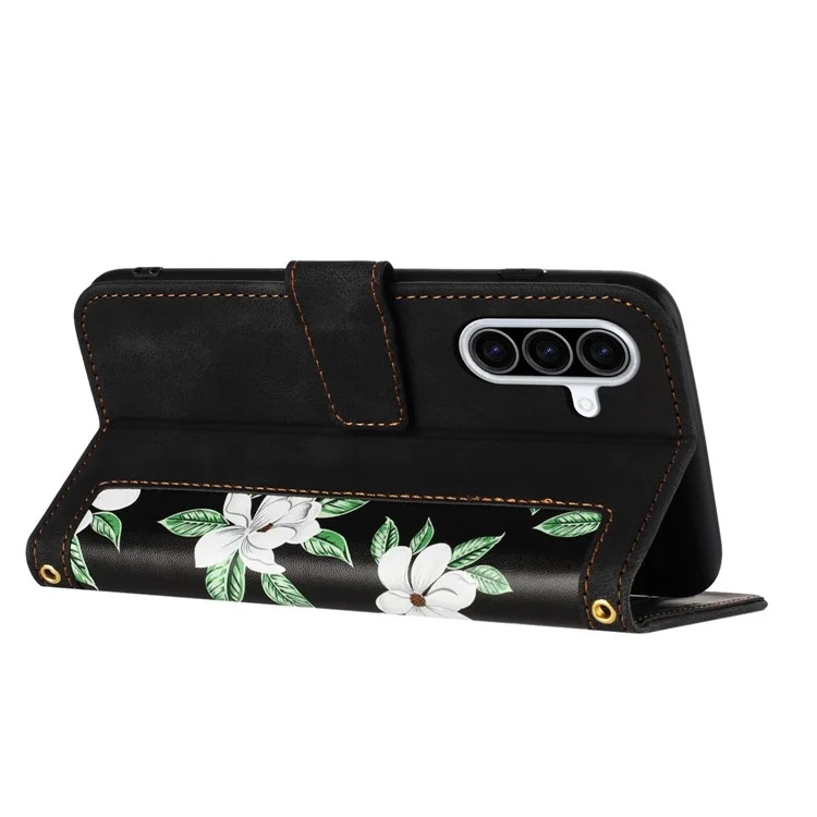 Husa pentru Samsung Galaxy A36 5G din Piele Ecologică cu Design Floral, Protecție 360°, Stand Integrat, Buzunare pentru Carduri, SKDR Floral Wallet - Negru - 3 | YEO