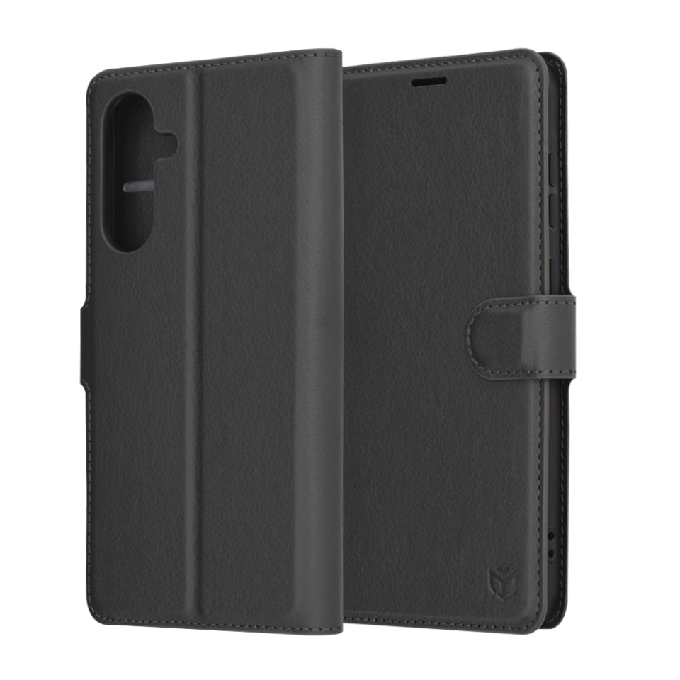 Husa pentru Samsung Galaxy A36 5G, SKYDDAR INNOVATION, Leather Wallet, tip Carte, cu Portofel Interior, Finisaje Premium, Negru, set cu sticker