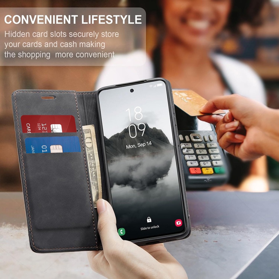 Husa pentru Samsung Galaxy A36 5G, SKYDDAR INNOVATION, Soft Wallet, tip Carte din piele Eco Premium, cu Portofel Interior, Negru, set cu sticker - 2 | YEO