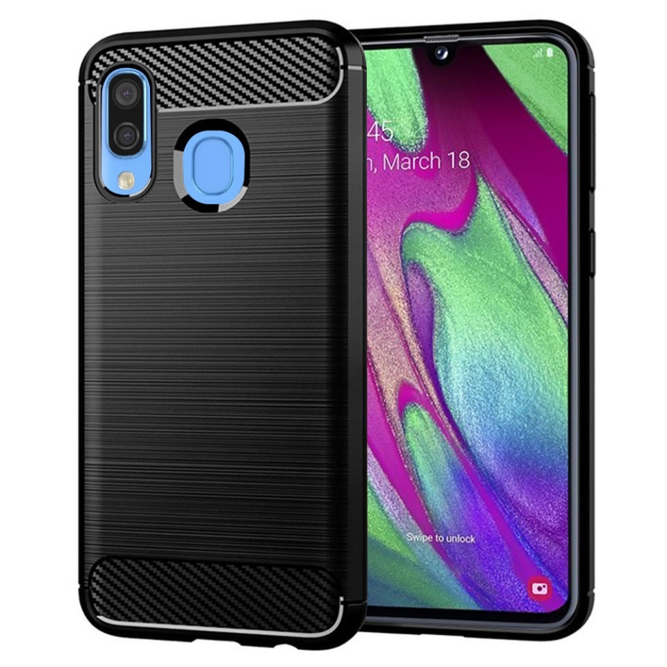 Husa pentru Samsung Galaxy A40, SKYDDAR INNOVATION, Carbon Silicone, din Silicon Slim, cu textura Fibra Carbon, set cu sticker, Negru