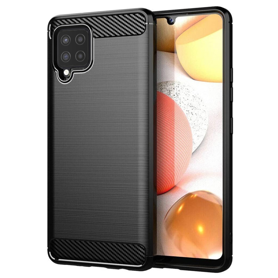 Husa pentru Samsung Galaxy A42 5G, SKYDDAR INNOVATION, Carbon Silicone, din Silicon Slim, cu textura Fibra Carbon, set cu sticker, Negru