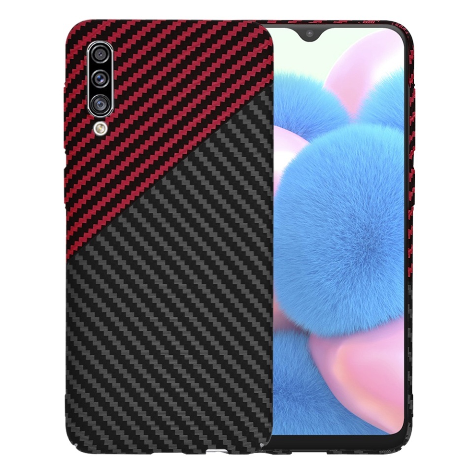 Husa pentru Samsung Galaxy A50 / Galaxy A30s / Galaxy A50s, SKYDDAR INNOVATION, textura carbon, Carbonite FiberShell, set cu sticker, Rosu inchis,