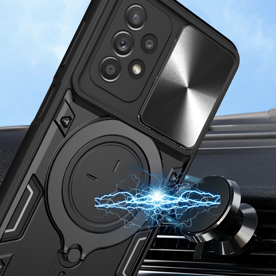 Husa pentru Samsung Galaxy A52 5G / Galaxy A52 4G / Galaxy A52s 5G, SKYDDAR INNOVATION, CamGuard Pro, Inel Magnetic, Protectie Camera, set cu sticker, Negru - 2 | YEO