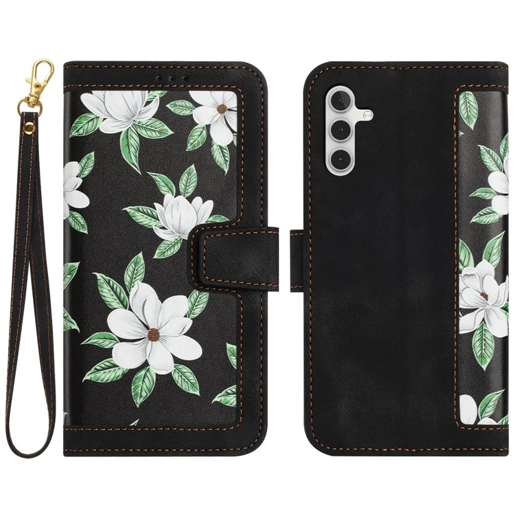 Husa pentru Samsung Galaxy A55 5G din Piele Ecologică cu Design Floral, Protecție 360°, Stand Integrat, Buzunare pentru Carduri, SKDR Floral Wallet - Negru