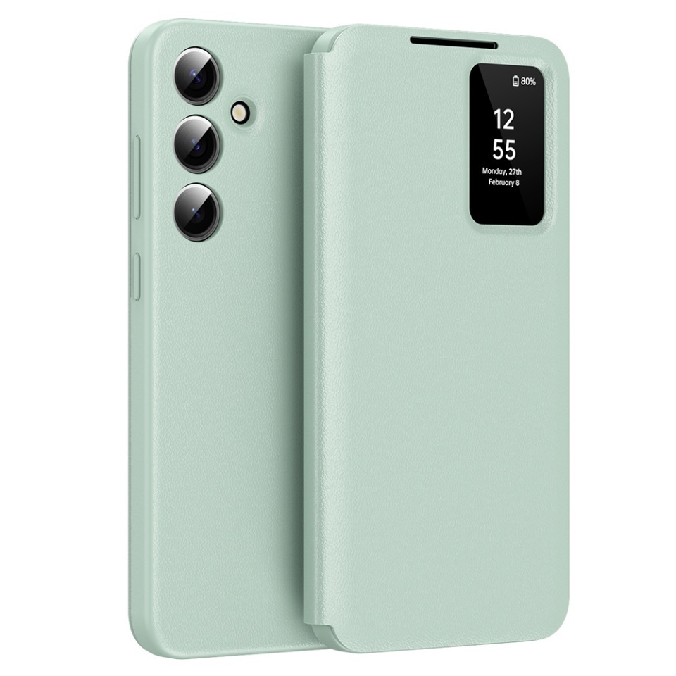 Husa pentru Samsung Galaxy A55 5G tip carte, Skyddar, cu portofel si SmartView, Premium, set cu sticker, Verde
