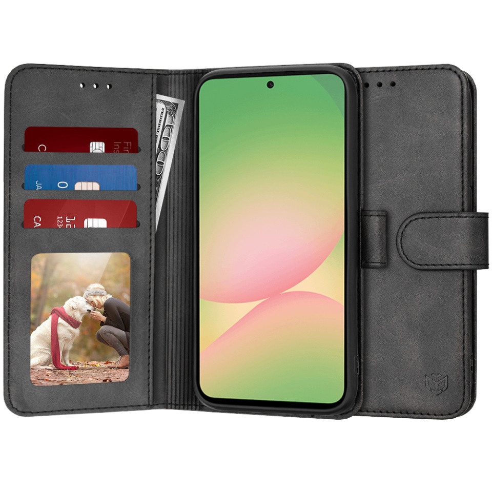 Husa pentru Samsung Galaxy A56 5G, SKYDDAR INNOVATION, Diary Book, tip carte, cu Portofel Interior, Antisoc, Negru, set cu sticker